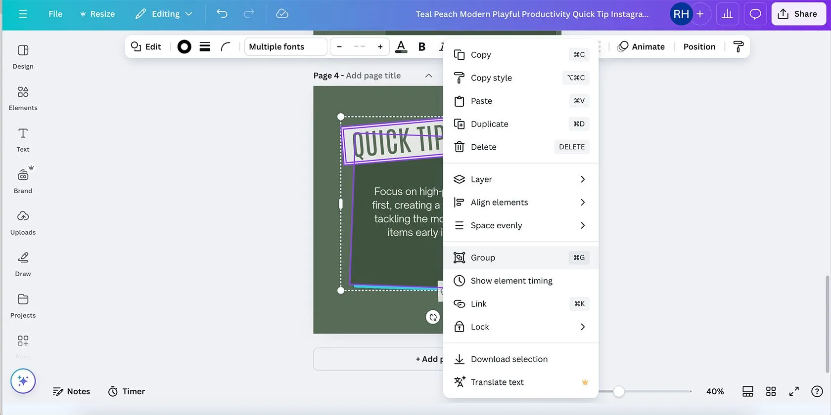 Menu chuột phải để nhóm các thành phần trong Canva trên trình duyệt web