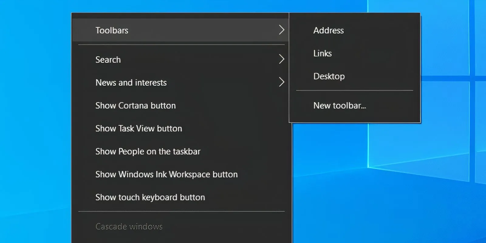 Menu chuột phải Taskbar Windows 10 hiển thị tùy chọn thanh công cụ Toolbars