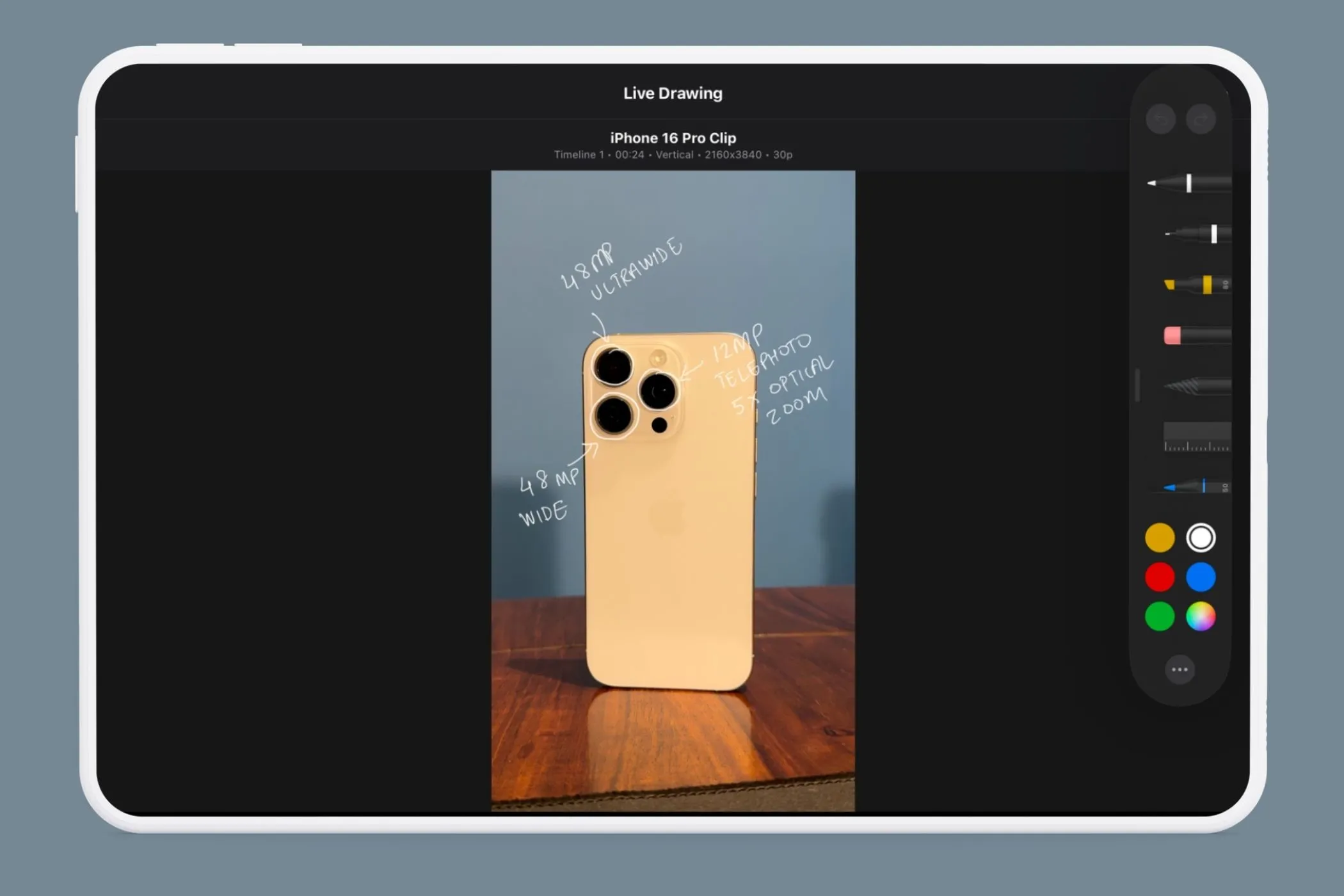 Menu công cụ Live Drawing trong Final Cut Pro trên iPad, hiển thị các tùy chọn bút vẽ như bút mực, bút dạ quang, bút chì, và màu nước.