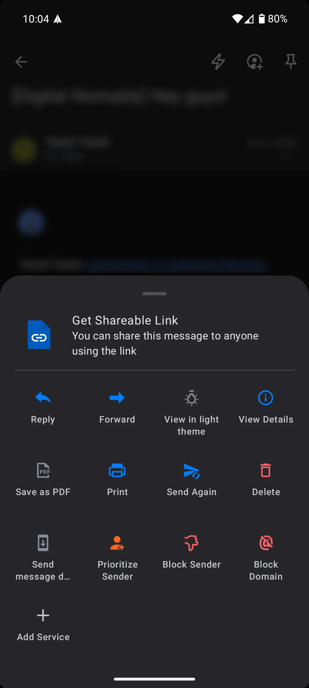 Menu cuộc hội thoại trong Spark Mail Android, cho phép tạo liên kết chia sẻ cuộc trò chuyện dưới dạng trang web.