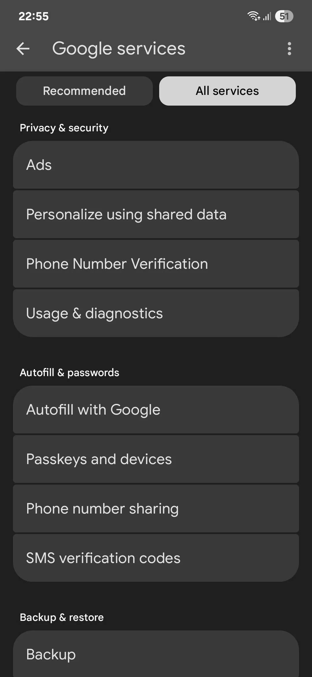 Menu dịch vụ Google trên Android