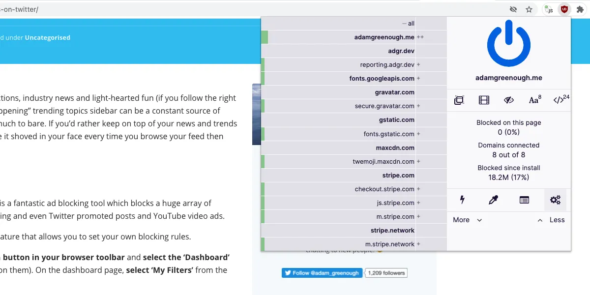 Menu điều khiển tiện ích uBlock Origin với tùy chọn Dashboard