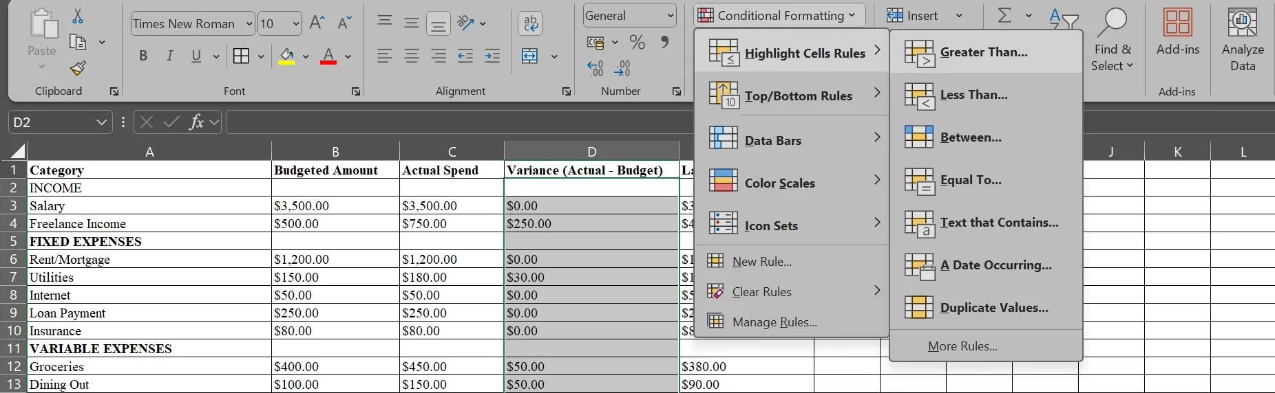 Menu Định dạng có điều kiện (Conditional Formatting) trong Excel áp dụng cho bảng tính ngân sách