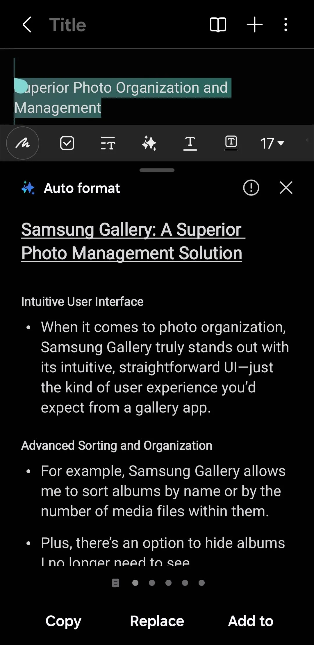 Menu định dạng tự động trong ứng dụng Samsung Notes của Galaxy AI
