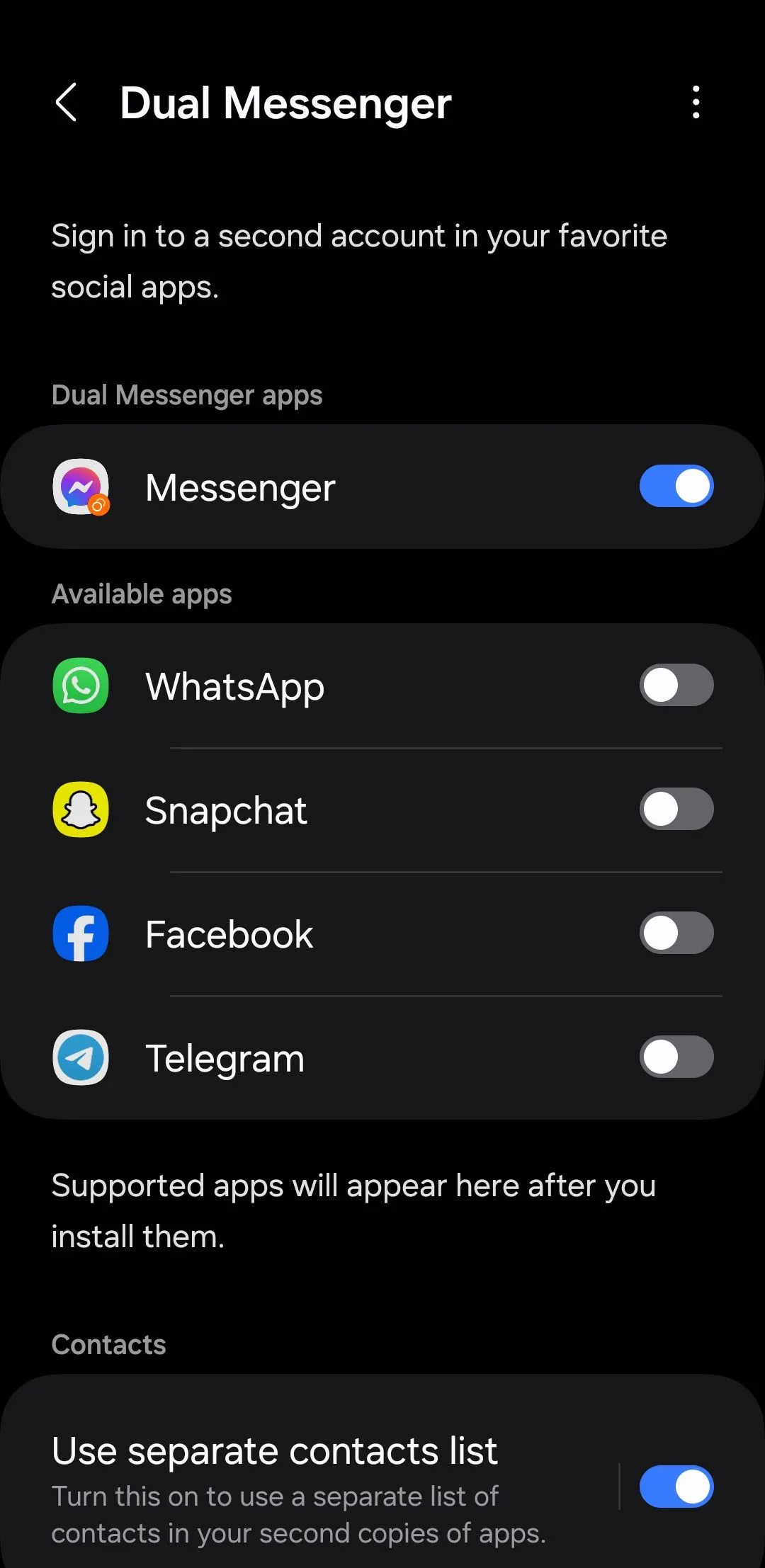Menu Dual Messenger trên điện thoại Samsung Galaxy giúp nhân đôi ứng dụng nhắn tin
