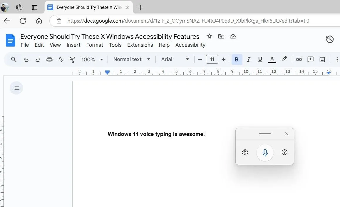 Menu gõ giọng nói Windows 11 trong tài liệu Google Docs