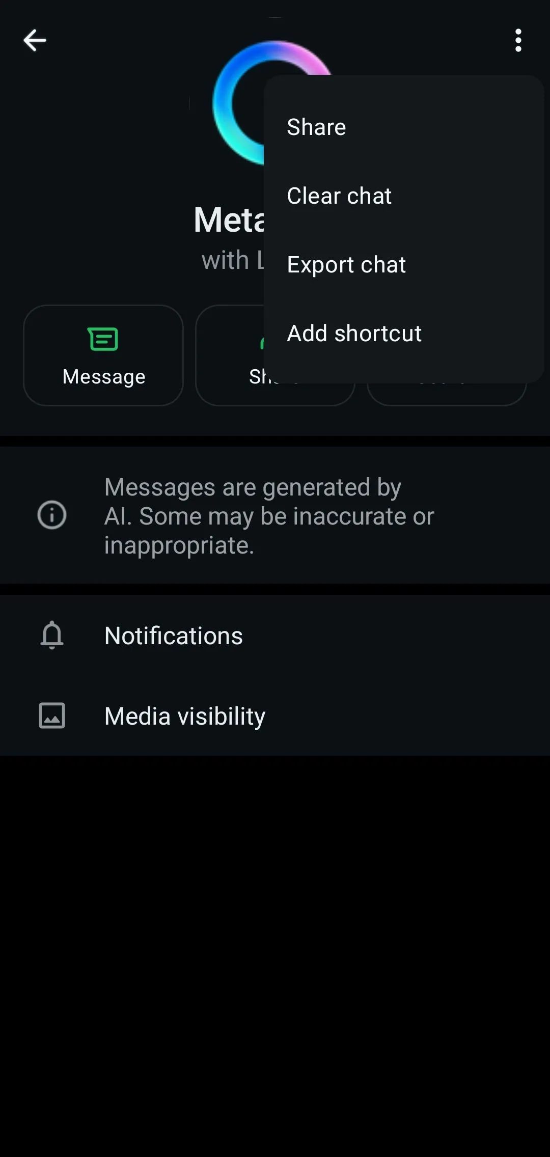 Menu hồ sơ WhatsApp với tùy chọn Meta AI, minh họa việc không thể tắt tính năng này.