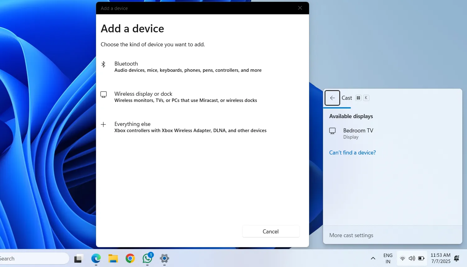 Menu kết nối không dây (Cast) trên màn hình Windows 11.