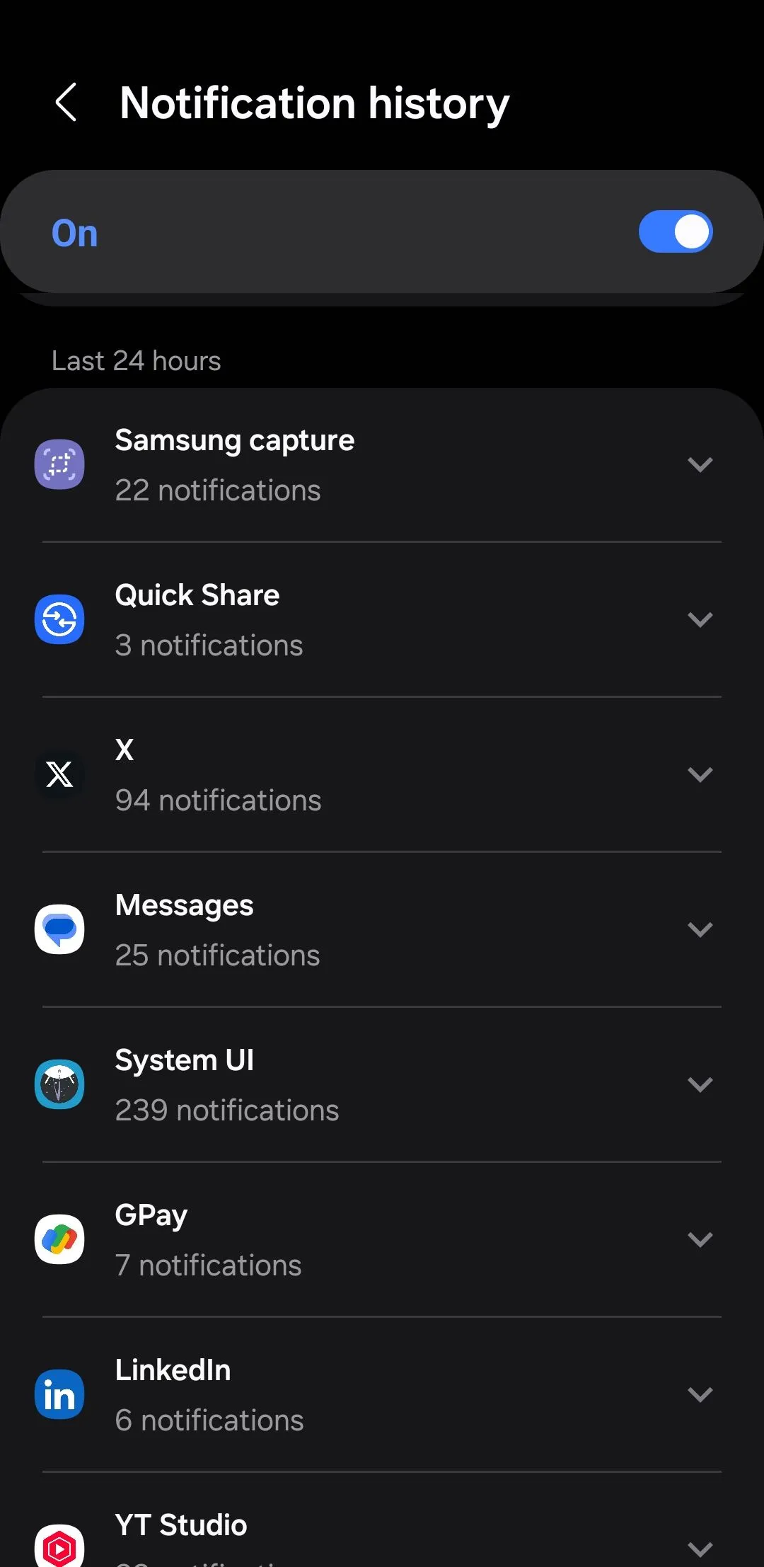 Menu Lịch sử thông báo trên Android, hiển thị các thông báo đã nhận và bỏ lỡ