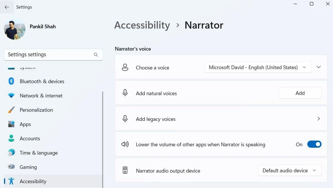 Menu Narrator trong ứng dụng Cài đặt Windows