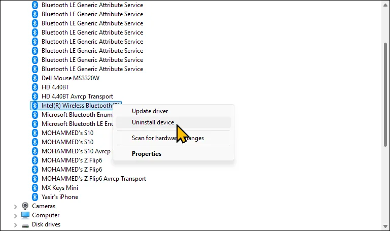 Menu ngữ cảnh của bộ điều hợp Bluetooth trong Trình quản lý Thiết bị trên Windows 11