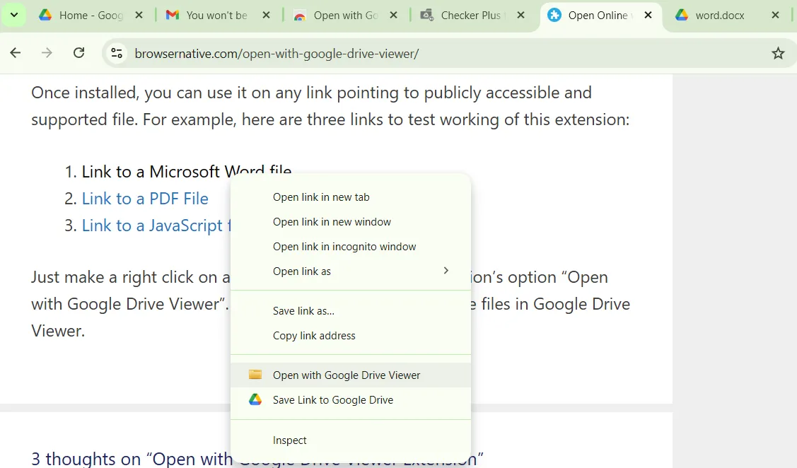 Menu ngữ cảnh của Chrome với tùy chọn &quot;Mở bằng Trình xem Google Drive&quot;, giúp xem nhanh tài liệu không cần tải xuống.