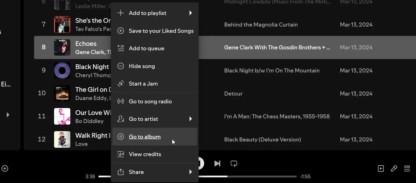 Menu ngữ cảnh trên Spotify hiển thị tùy chọn &quot;Đi tới Album&quot; để khắc phục lỗi không thấy danh sách album.