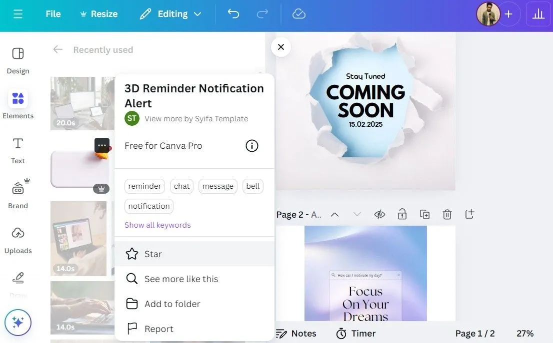 Menu ngữ cảnh trong ứng dụng Canva hiển thị tùy chọn "Star" để đánh dấu yếu tố yêu thích