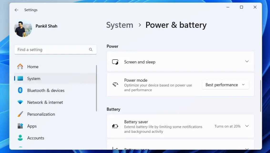 Menu Nguồn &amp; pin trong ứng dụng Cài đặt của Windows 11, hiển thị chế độ nguồn.