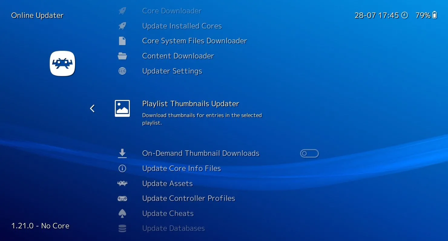 Menu Online Updater của RetroArch với tùy chọn tải về ảnh thumbnail và bìa game