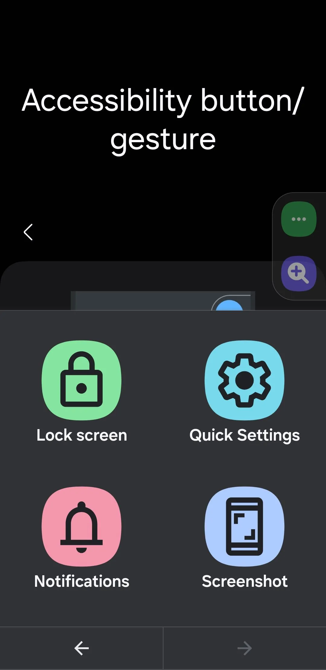 Menu phím tắt hỗ trợ tiếp cận trên điện thoại Android, hiển thị các tùy chọn điều khiển nhanh.