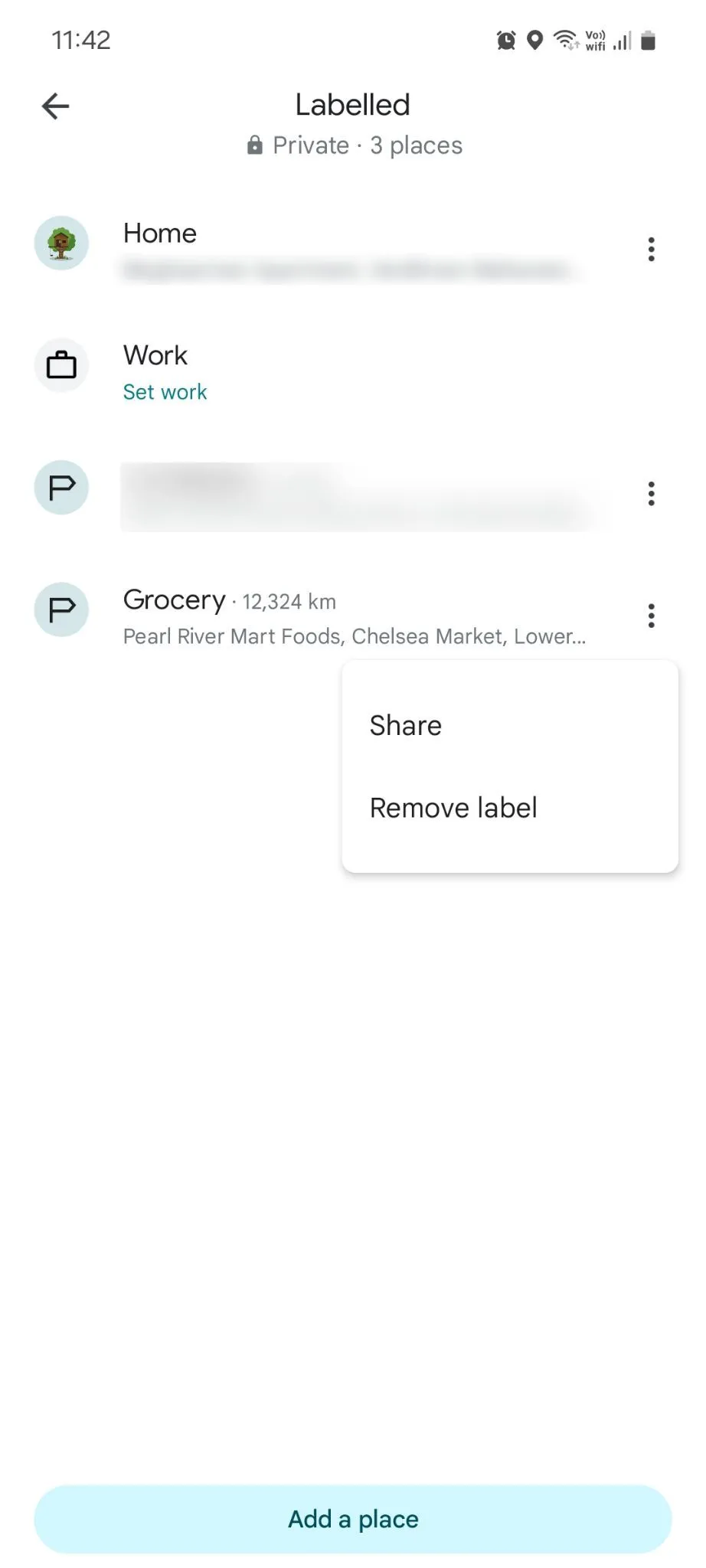 Menu quản lý địa điểm đã gắn nhãn trên Google Maps