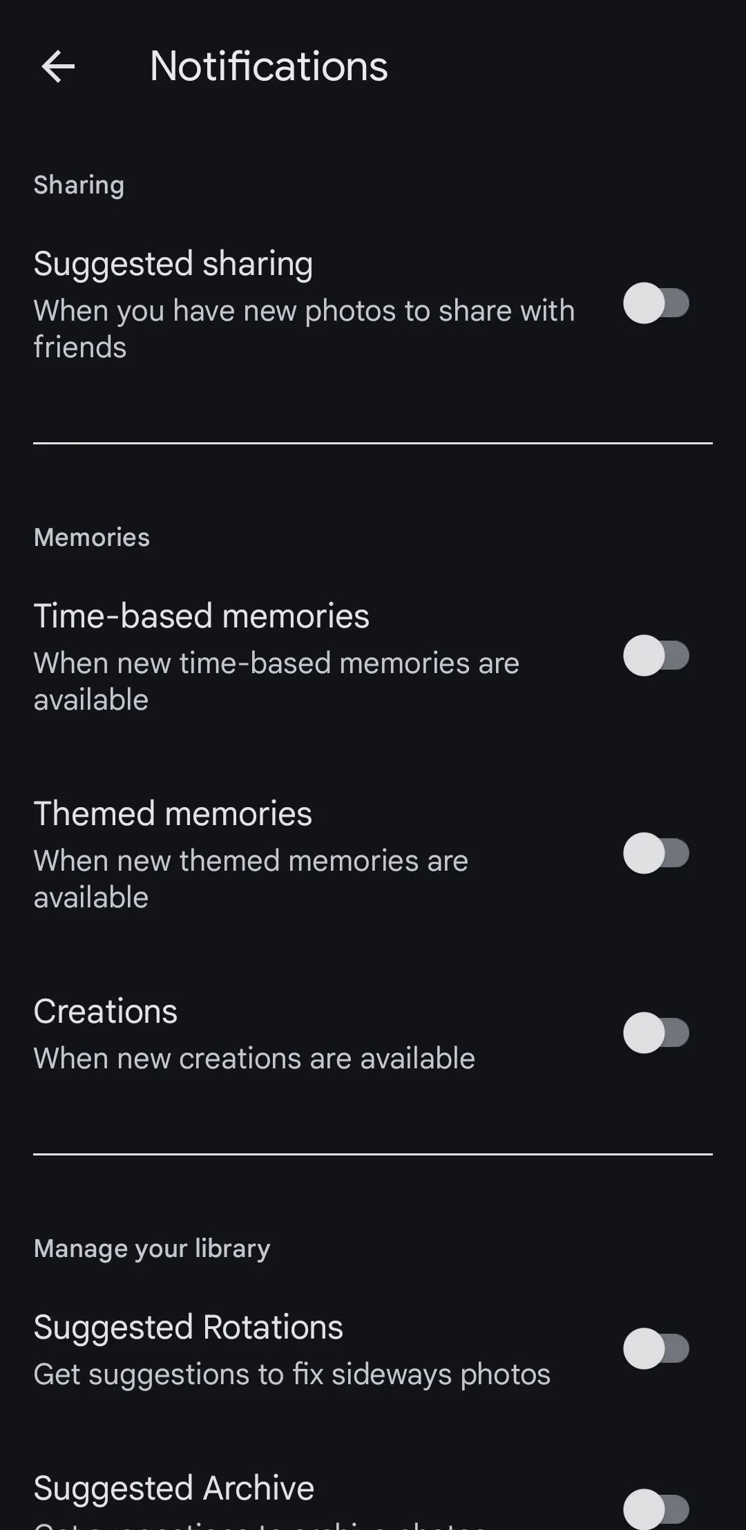 Menu quản lý thông báo của Google Photos trên thiết bị Android, cho phép tùy chỉnh các cảnh báo.