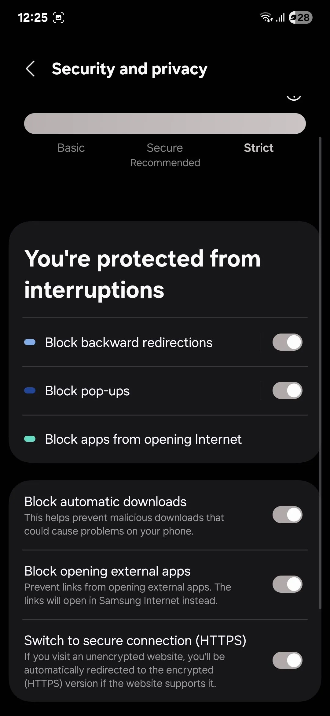 Menu quyền riêng tư trong Samsung Internet, cho phép tùy chỉnh bảo mật