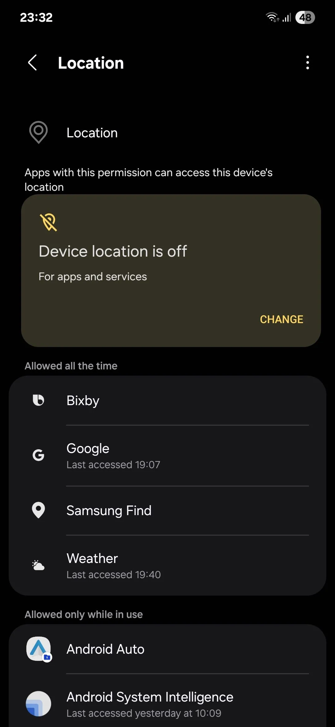 Menu quyền truy cập vị trí của Samsung