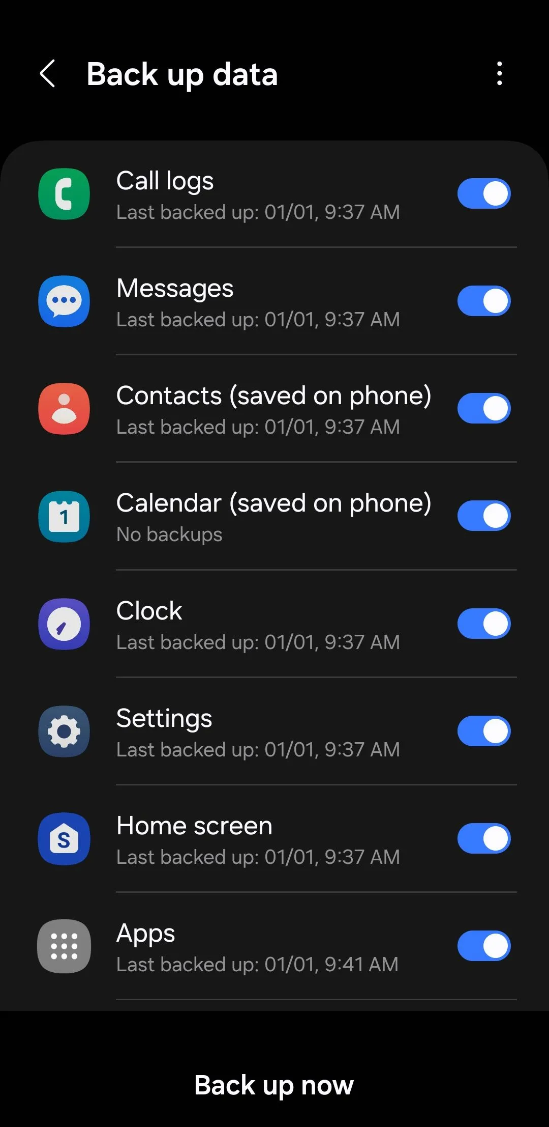 Menu sao lưu dữ liệu trên Android