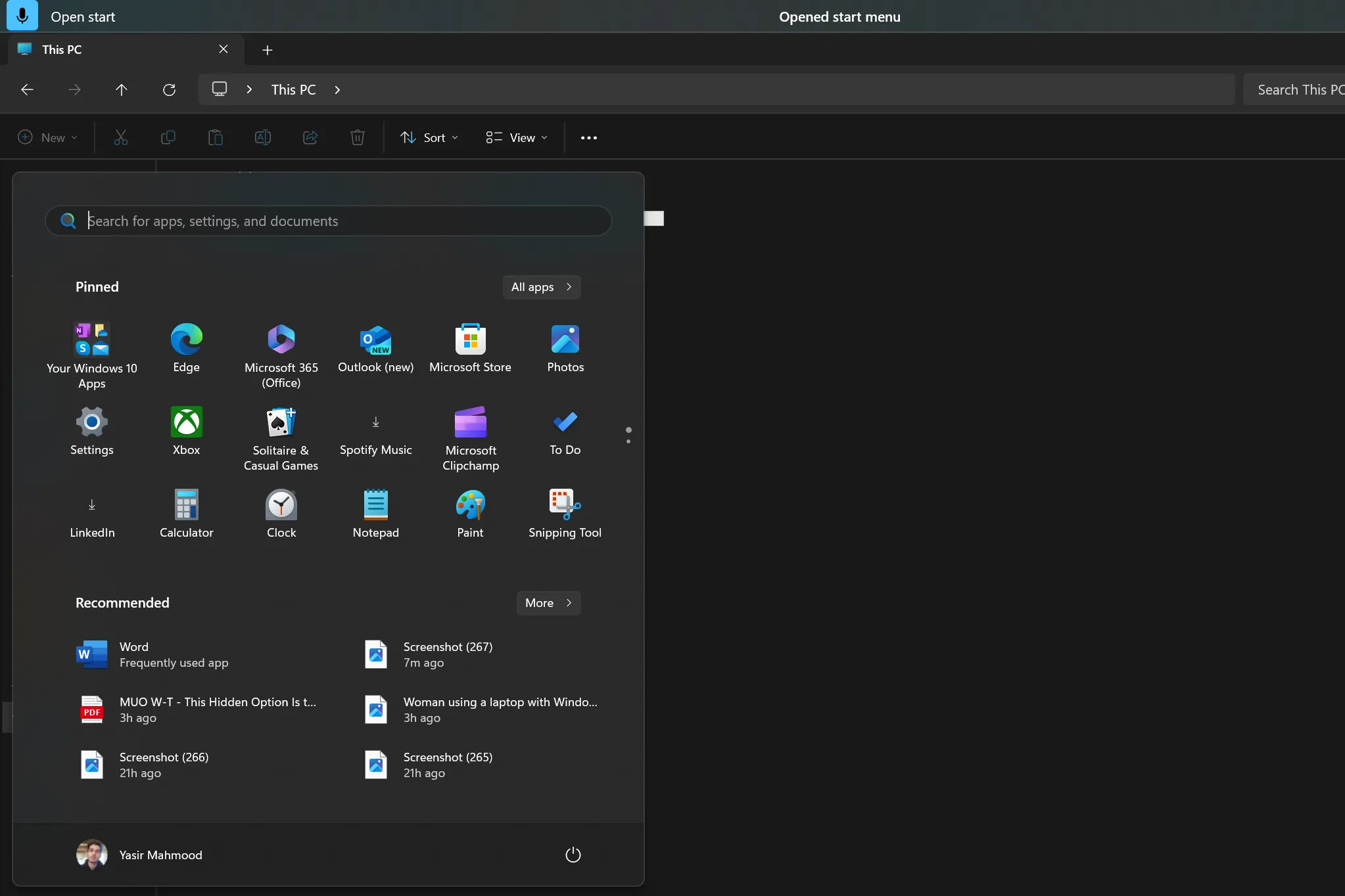 Menu Start Windows 11 mở bằng lệnh giọng nói Voice Access
