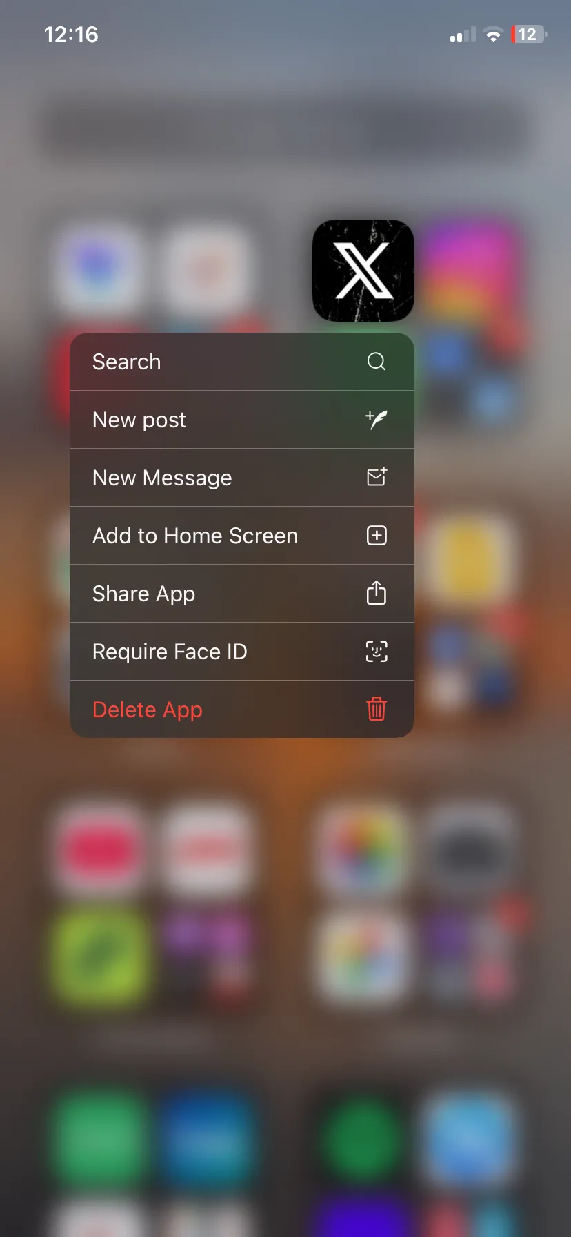 Menu tác vụ nhanh của ứng dụng X (Twitter) khi nhấn giữ biểu tượng trên iPhone