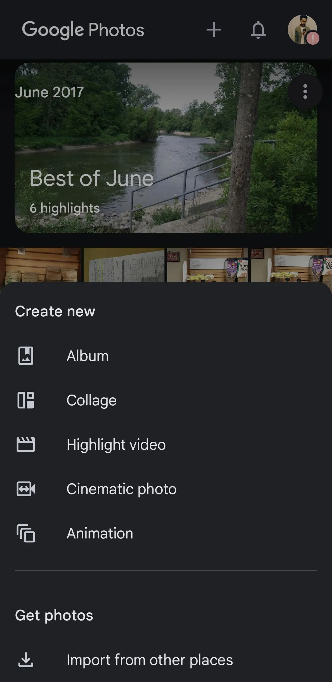 Menu tạo nội dung trong Google Photos trên điện thoại di động, bao gồm tùy chọn Ảnh ghép, Ảnh động và Video nổi bật.