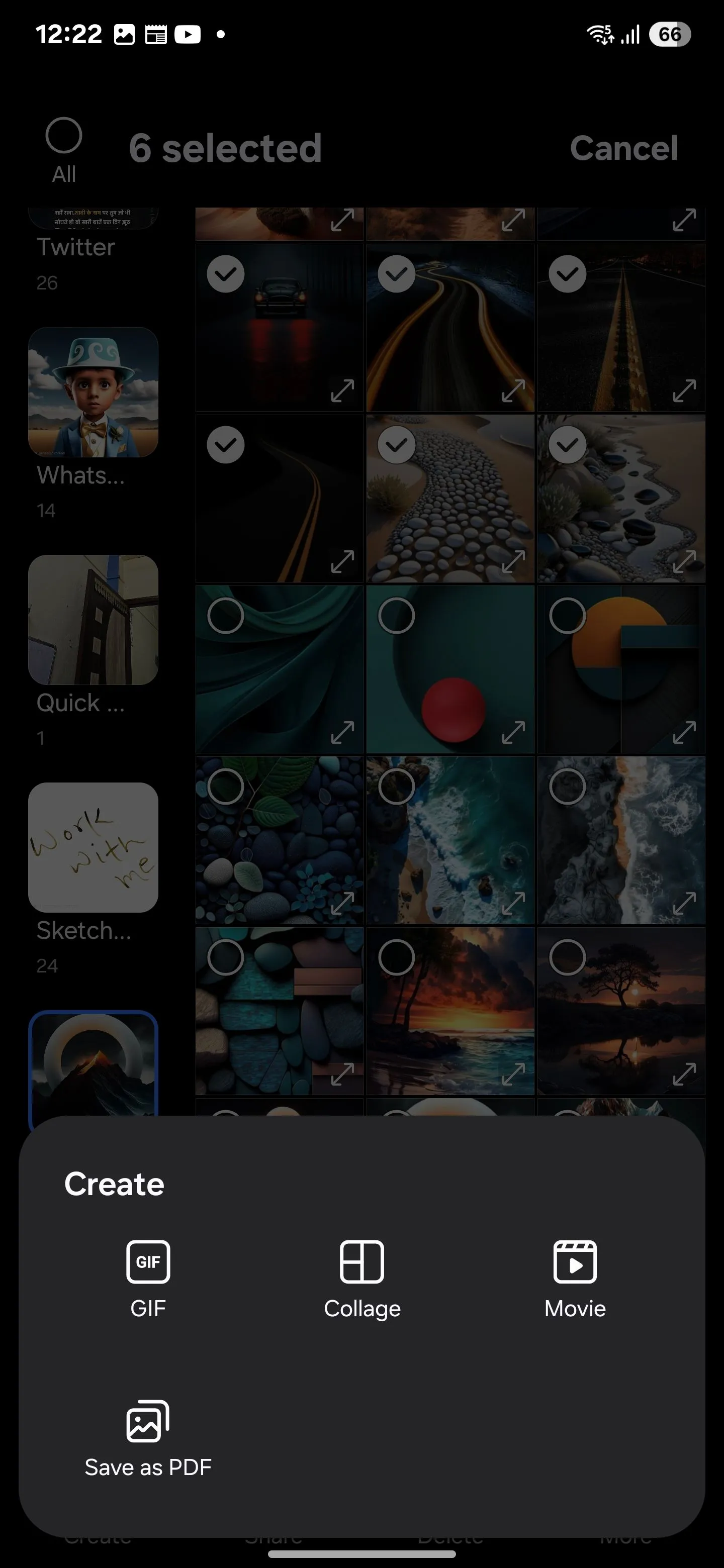 Menu Tạo với các tùy chọn GIF, COLLAGE, MOVIE và Lưu dưới dạng PDF hiển thị trong Thư viện Samsung