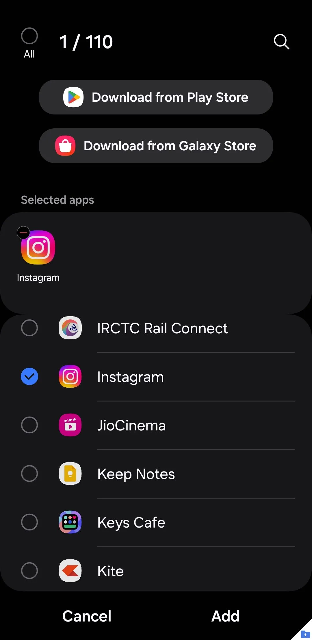 Menu thêm ứng dụng vào Thư mục Bảo mật trên điện thoại Samsung.