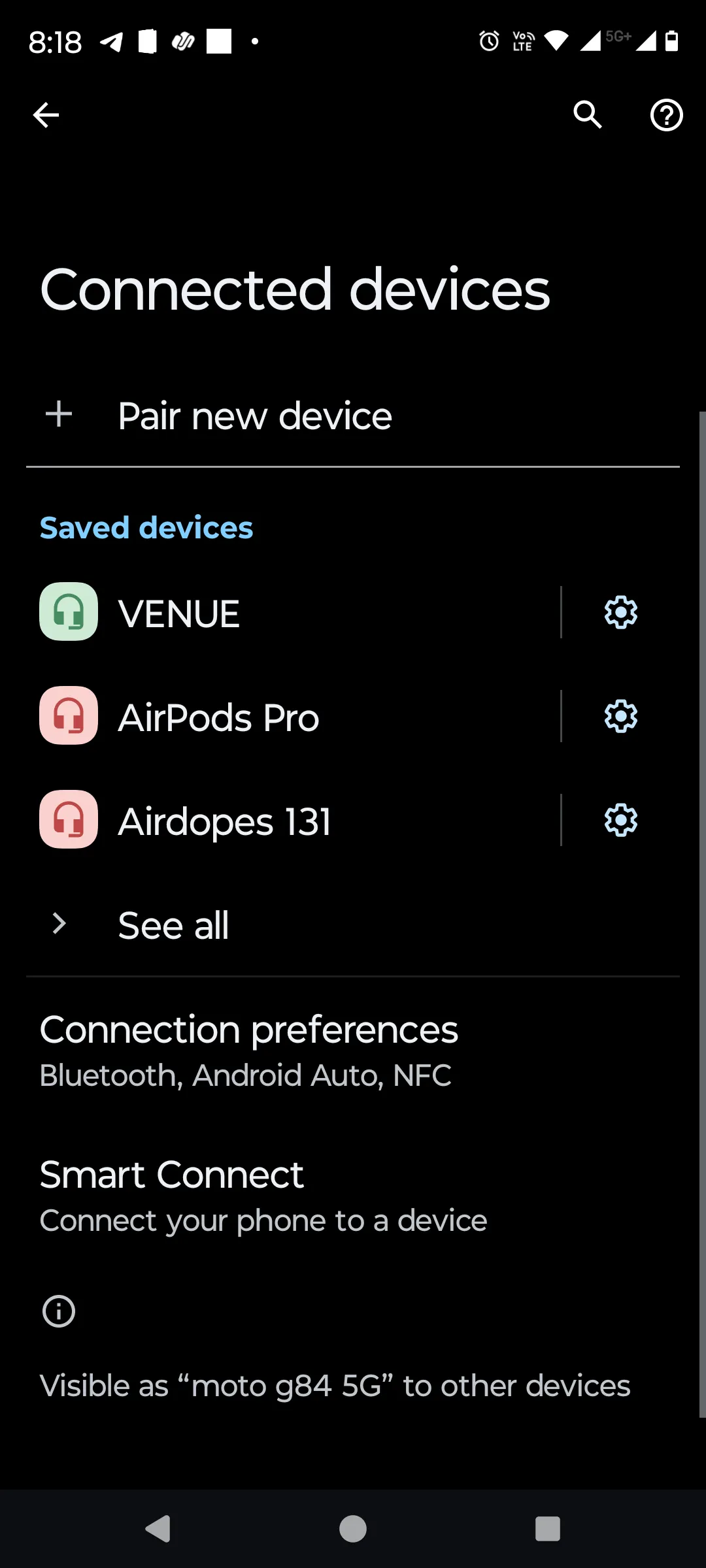 Menu thiết bị đã kết nối trên điện thoại Android