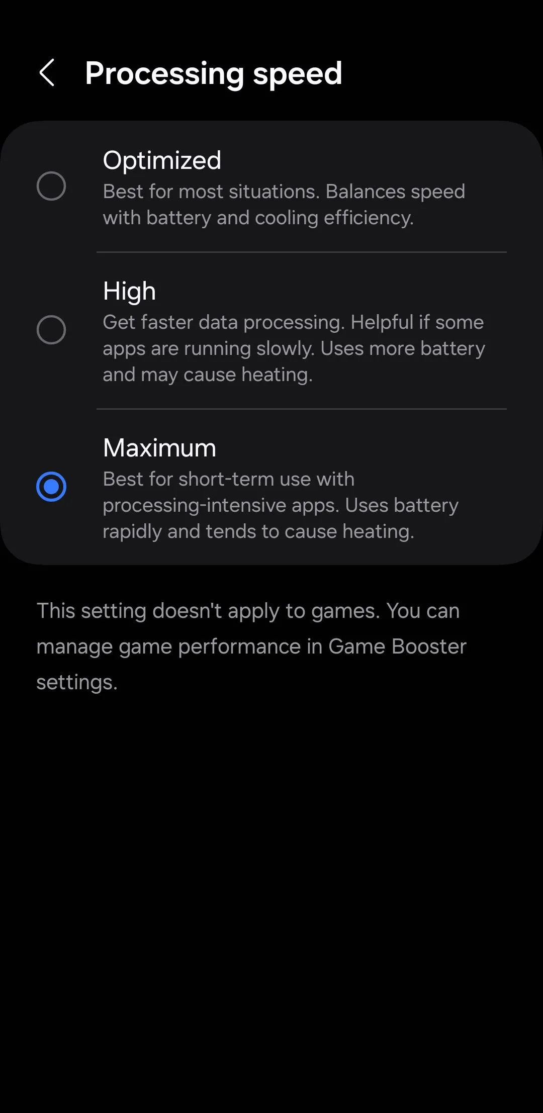 Menu tốc độ xử lý trên điện thoại Samsung Galaxy