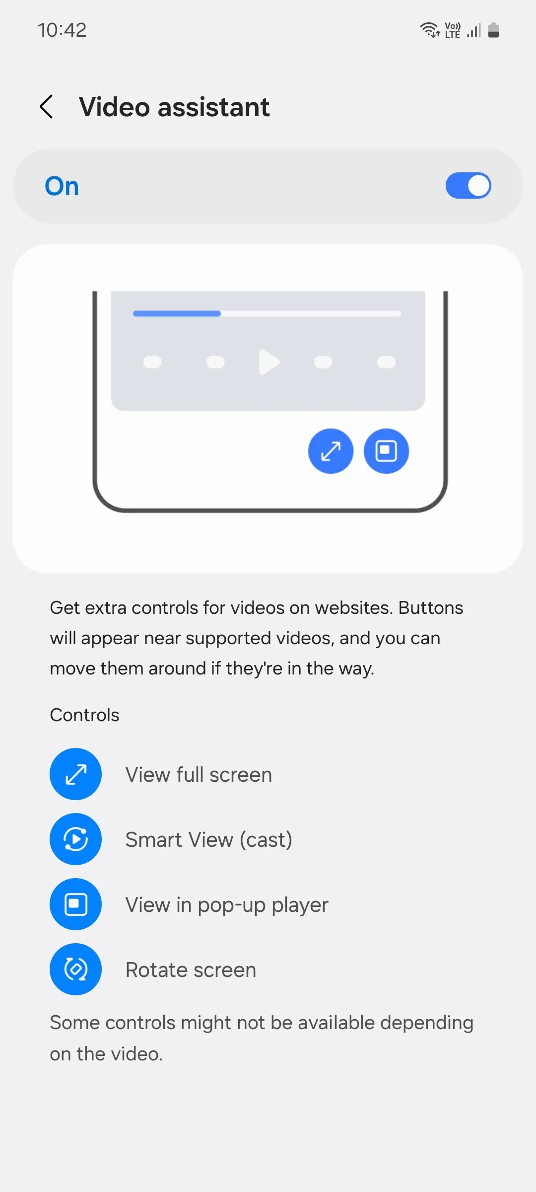 Menu trợ lý video của Samsung Internet hiển thị các tùy chọn khi phát video trực tuyến
