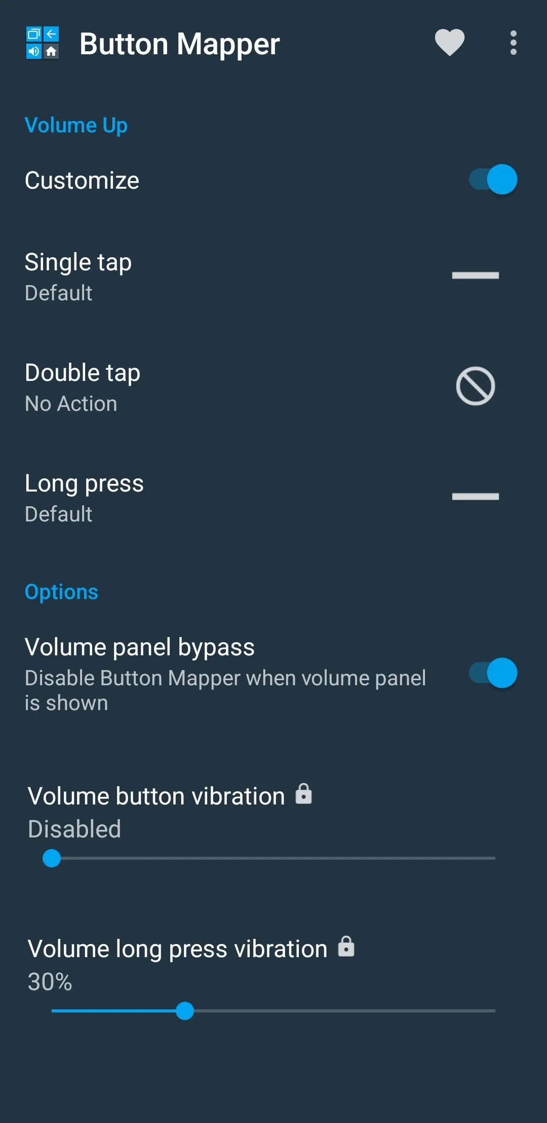 Menu tùy chỉnh trong ứng dụng Button Mapper trên Android, cho phép gán hành động cho các nút vật lý.