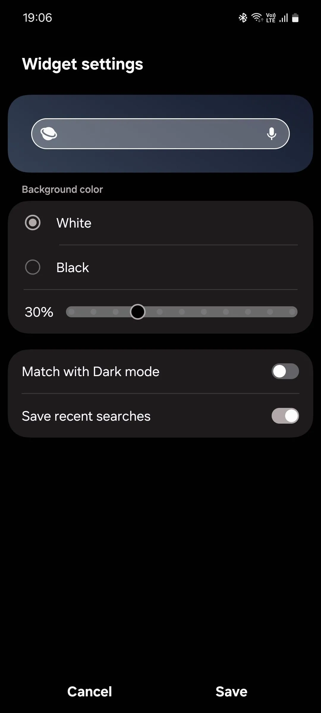 Menu tùy chỉnh widget tìm kiếm của trình duyệt Samsung Internet