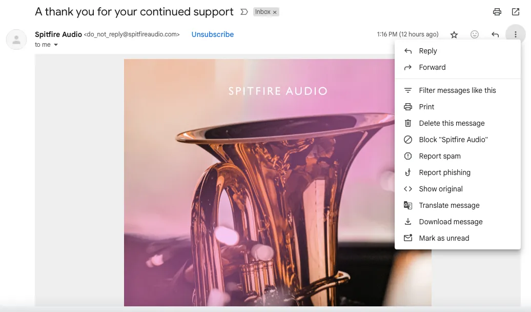 Menu tùy chọn của email Gmail hiển thị mục "Source View" để kiểm tra mã nguồn email.