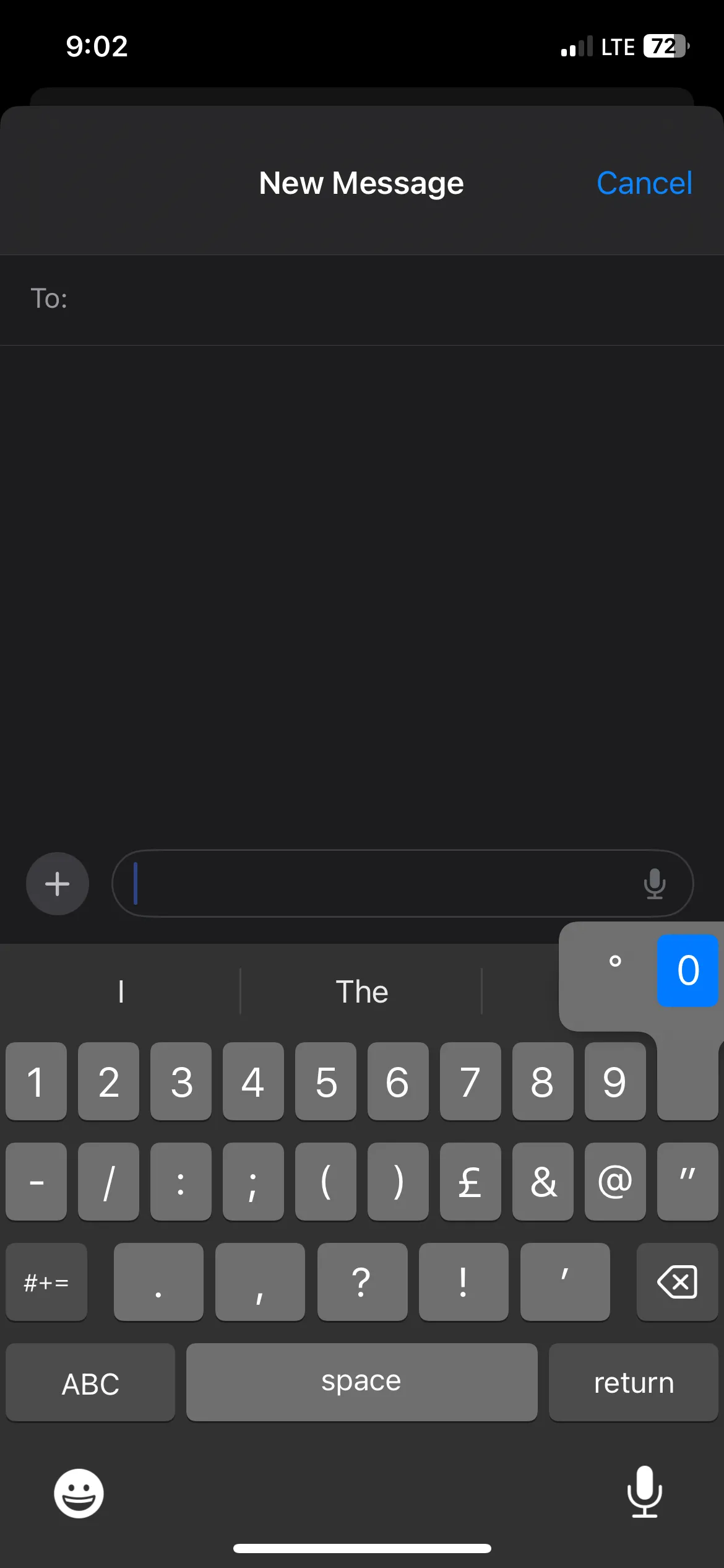 Menu tùy chọn hiển thị khi nhấn giữ phím số 0 trên bàn phím iPhone để chèn ký hiệu độ.