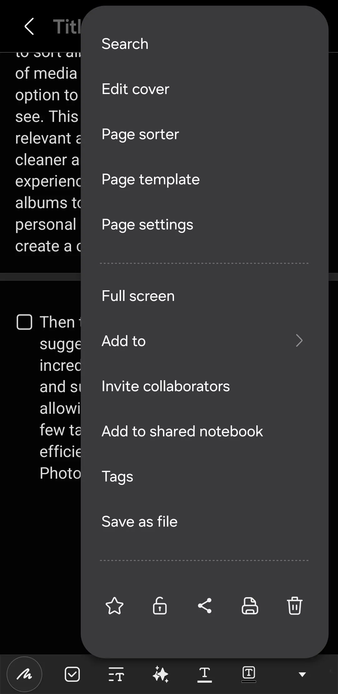 Menu tùy chọn xuất ghi chú trong ứng dụng Samsung Notes với các định dạng khác nhau