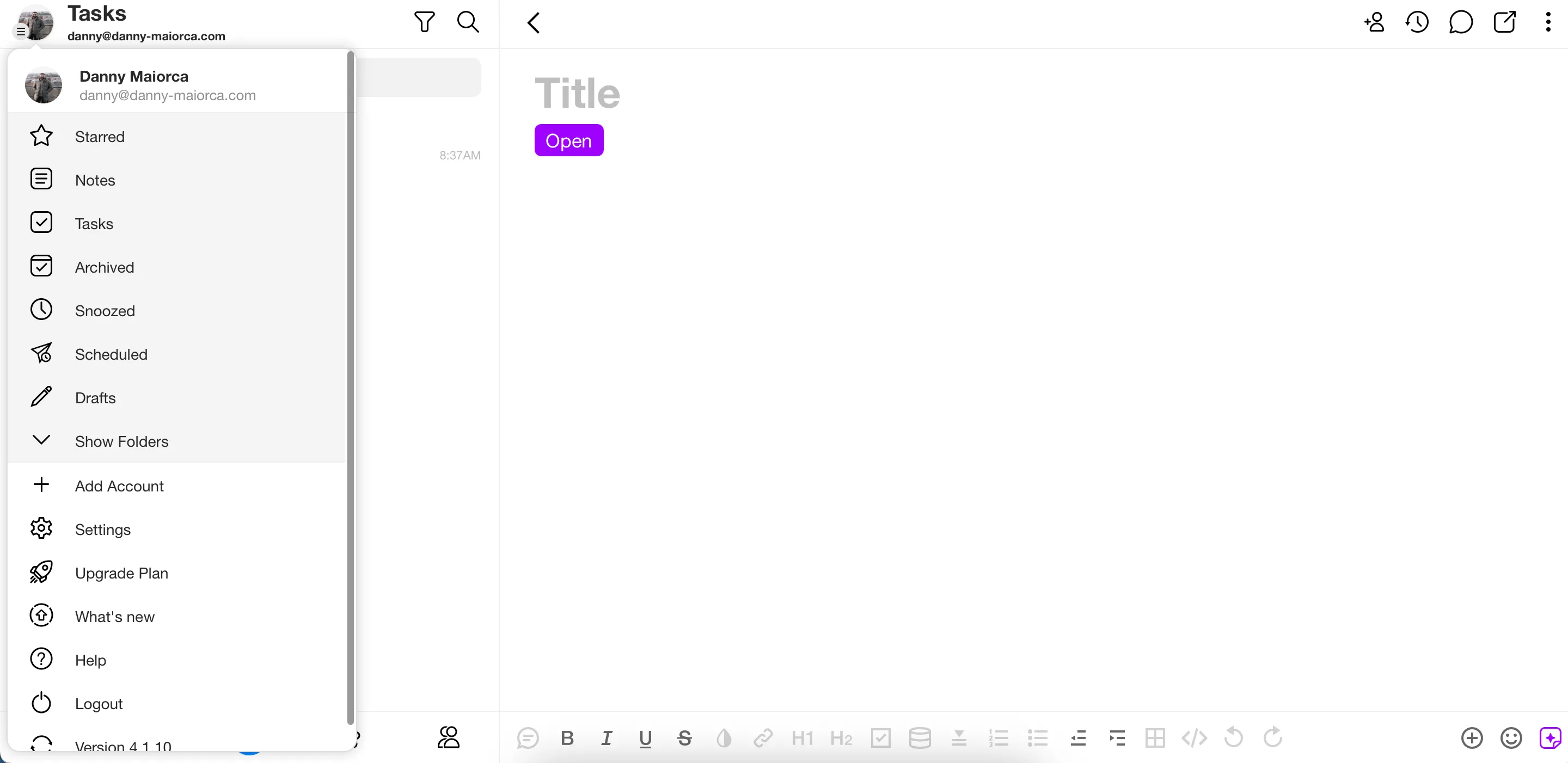 Menu ứng dụng Spike với tùy chọn "Tasks" để tạo danh sách việc cần làm.