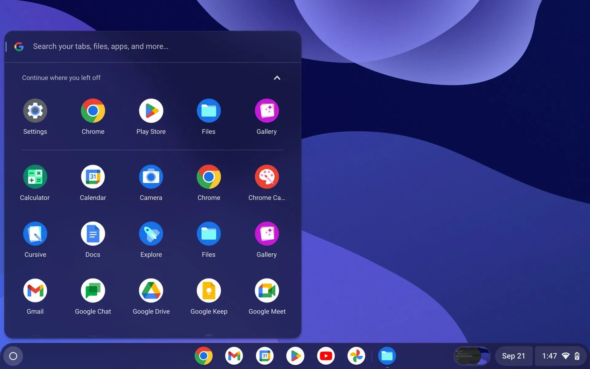 Menu ứng dụng trên Chromebook hiển thị các ứng dụng đã cài đặt từ Play Store