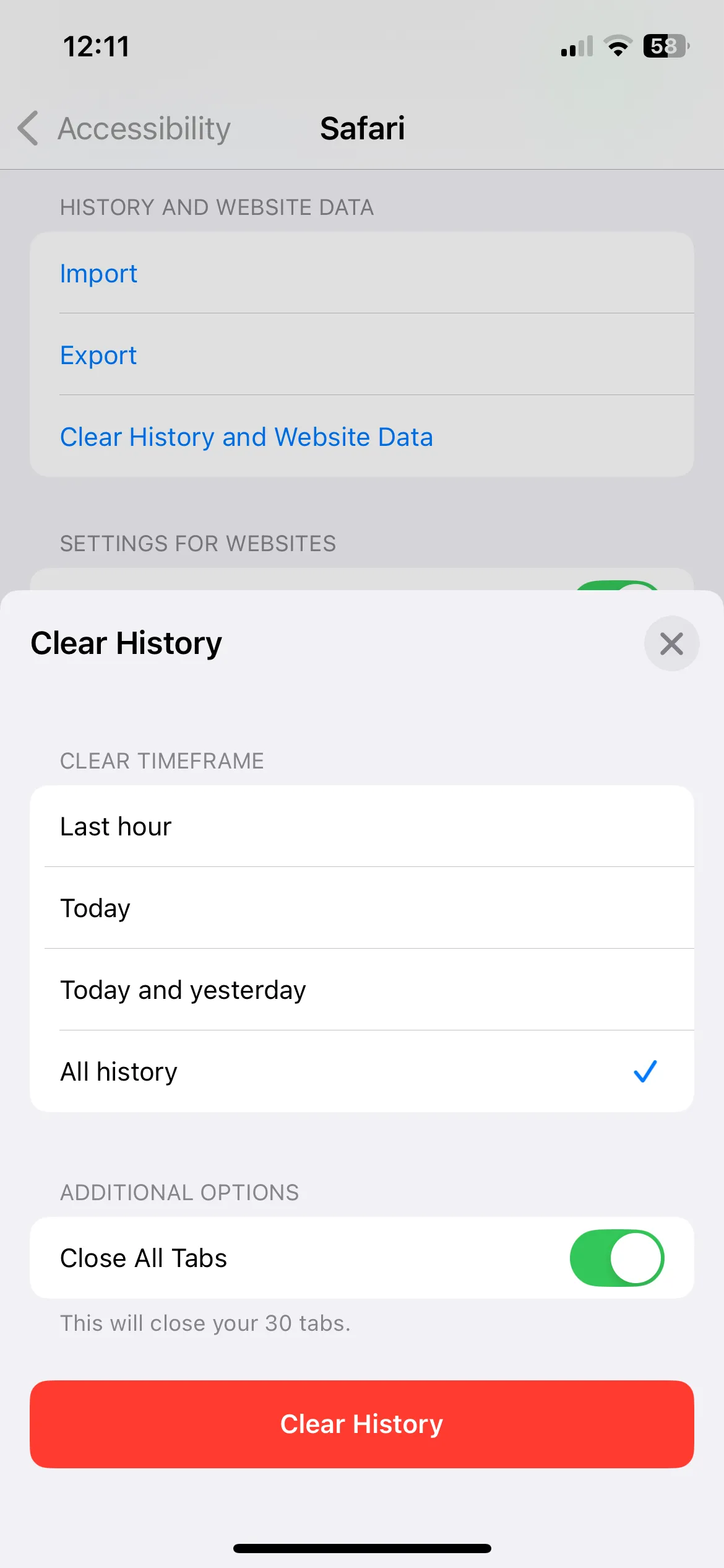 Menu Xóa Lịch sử cho Safari trên iPhone