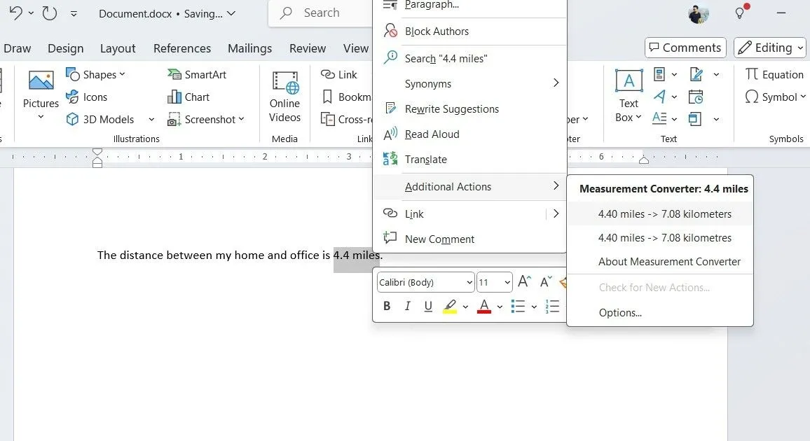 Microsoft Word tự động chuyển đổi đơn vị dặm sang kilômét trong văn bản