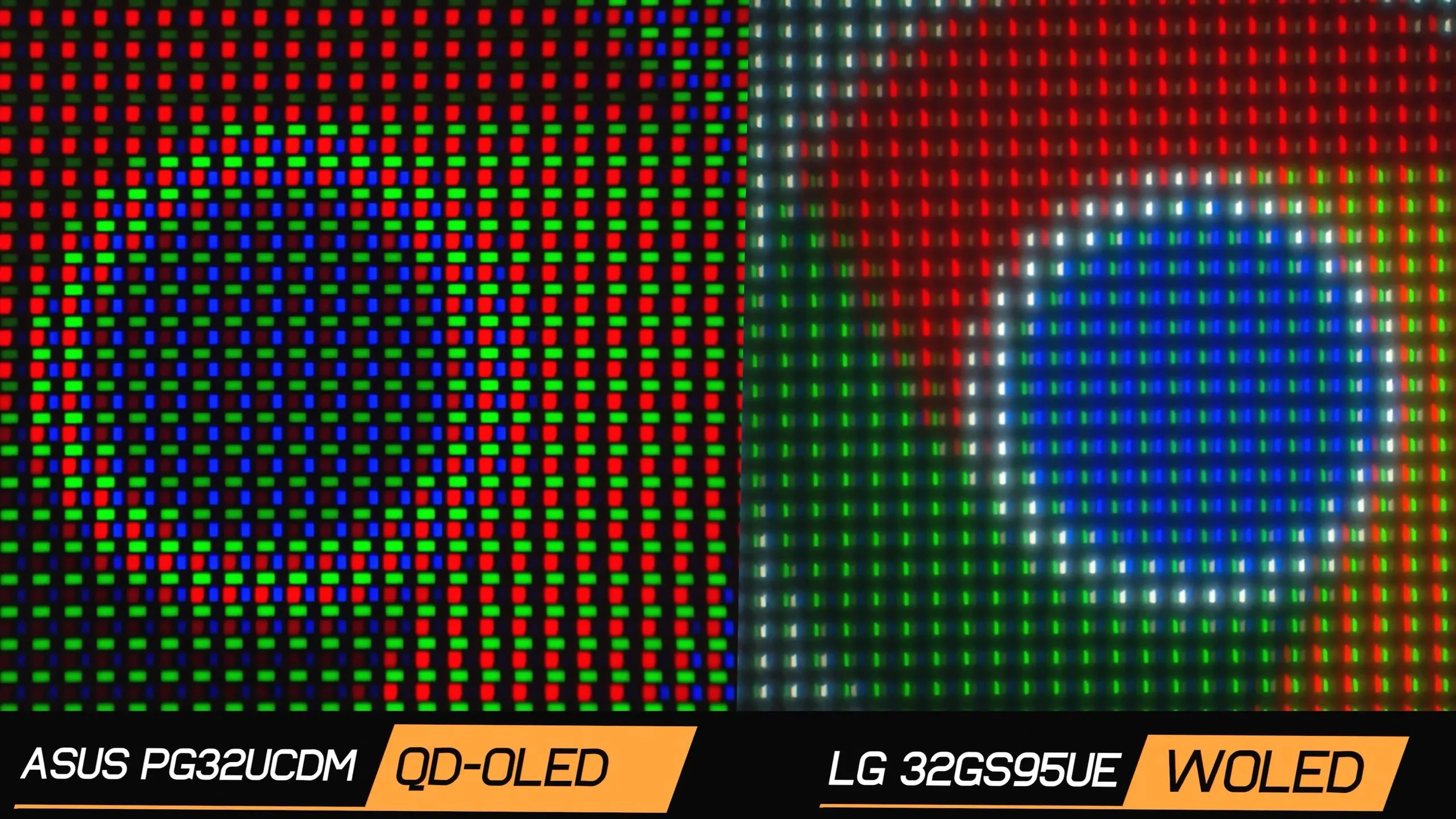 Minh họa bố cục điểm ảnh phụ (subpixel) khác nhau của tấm nền OLED trên màn hình Asus và LG, ảnh hưởng đến độ rõ nét văn bản