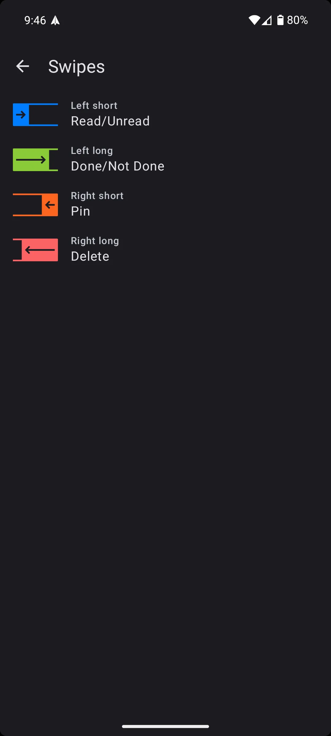 Minh họa các cử chỉ vuốt tùy chỉnh trên ứng dụng Spark Mail dành cho Android, giúp quản lý email nhanh chóng.