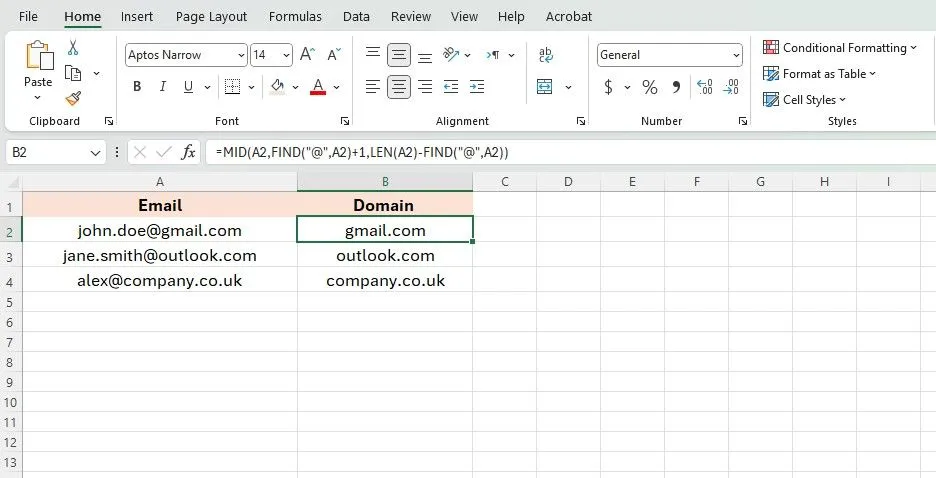 Minh họa công thức phức tạp trong Excel để trích xuất tên miền từ địa chỉ email, trước khi có giải pháp đơn giản hơn với AI().
