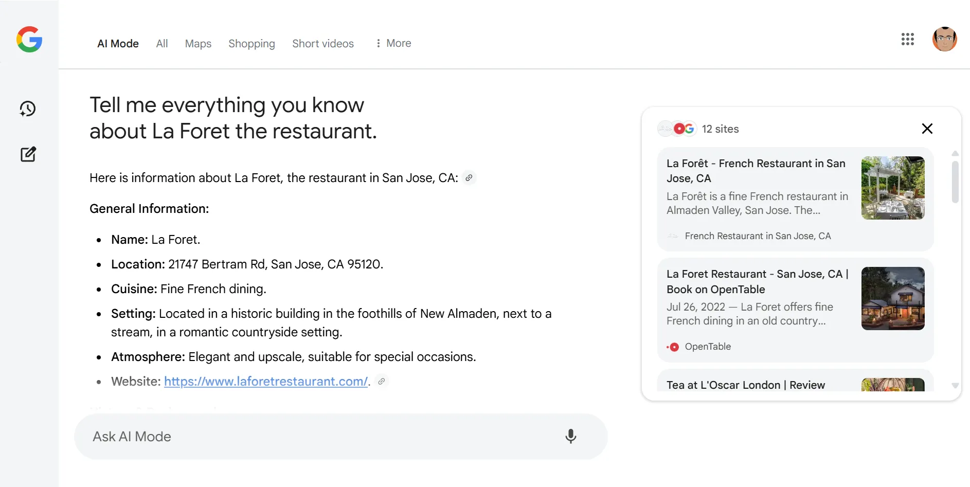 Minh họa giao diện tìm kiếm Google AI Mode với câu trả lời dạng hội thoại và liên kết web.