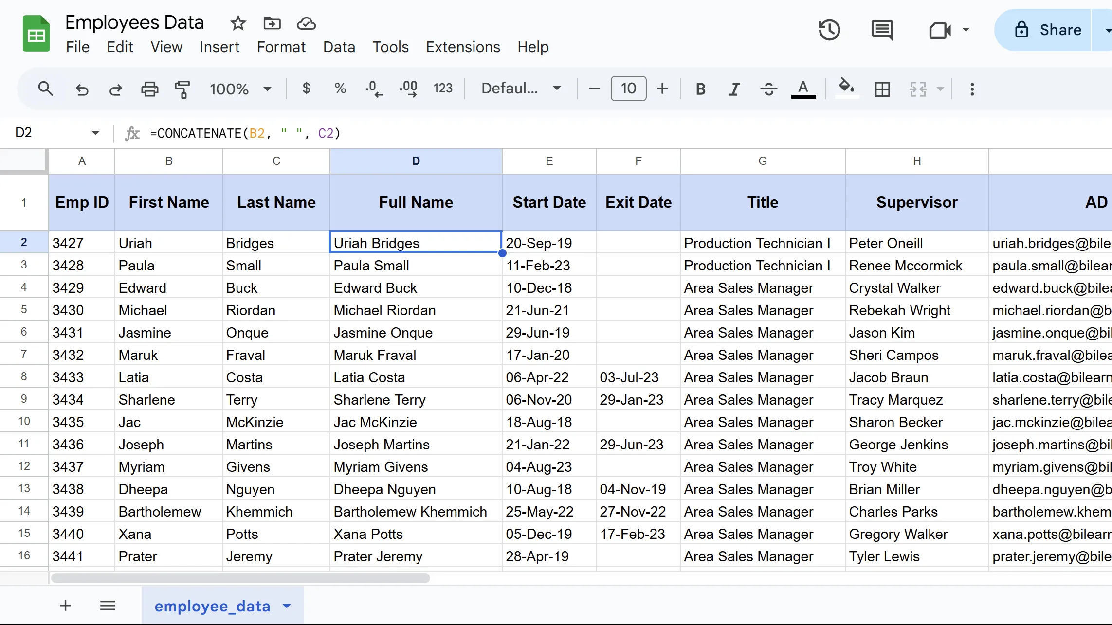 Minh họa hàm CONCATENATE trong Google Sheets kết hợp văn bản từ nhiều ô