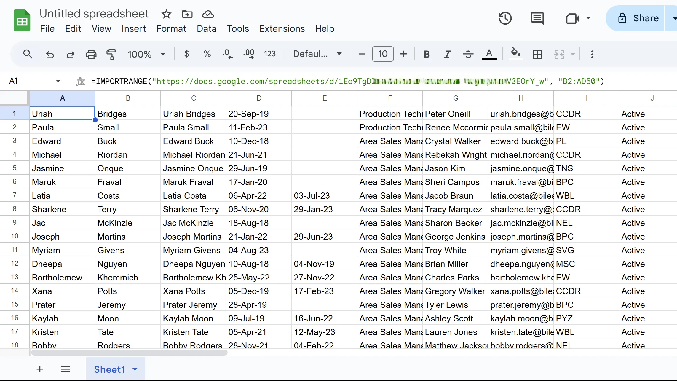 Minh họa hàm IMPORTRANGE trong Google Sheets, nhập dữ liệu từ bảng tính khác