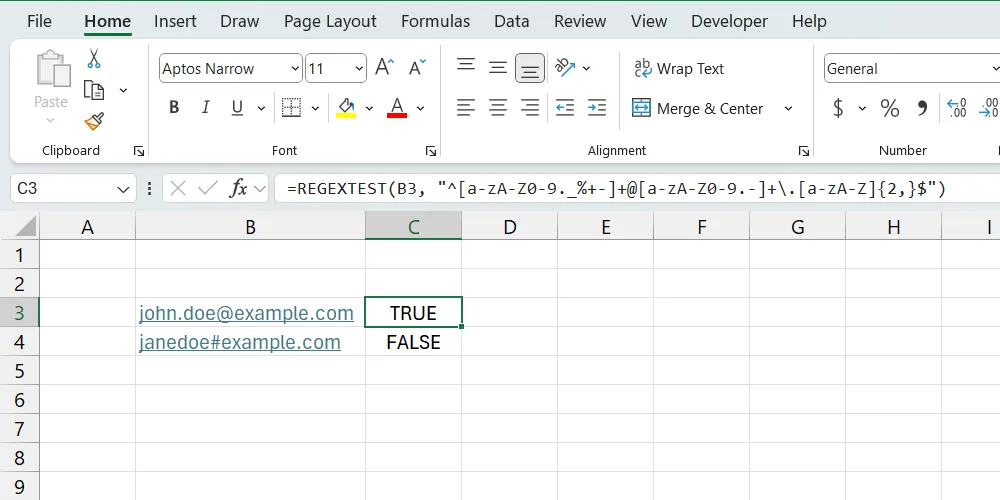 Minh họa hàm REGEXTEST trong Excel kiểm tra định dạng email hợp lệ.